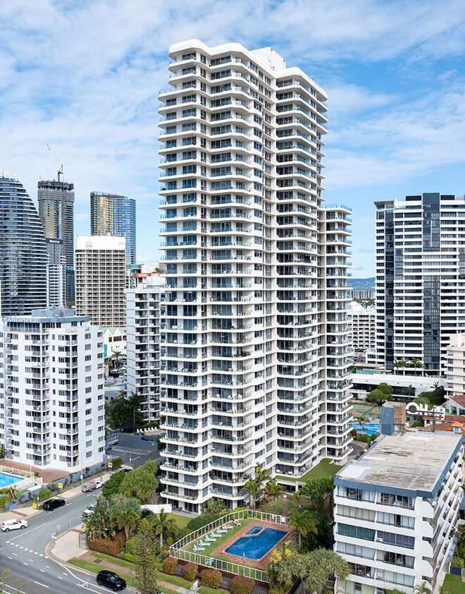 Areal shot of the ULTIQA Beach Haven and Broadbeach suburb