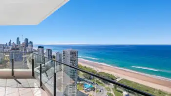 Private balcony in the Sub Penthouse at ULTIQA Beach Haven on Broadbeach, offering sweeping ocean and city views.
